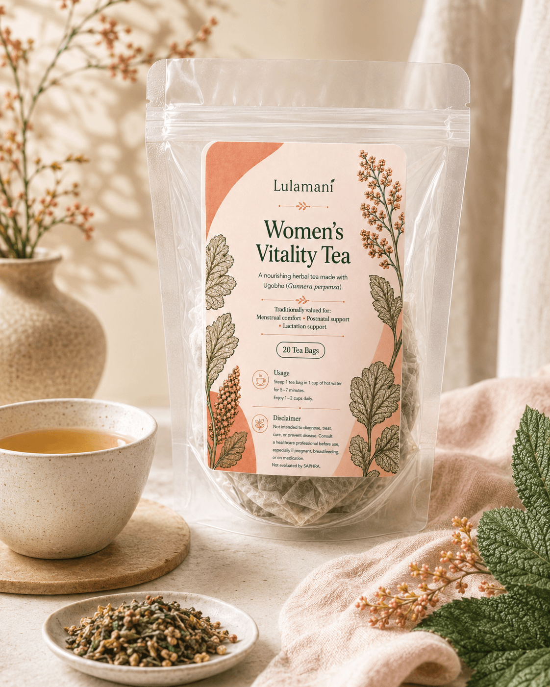 Women's Vitality Herbal Tea presented beside a brewed cup of tea